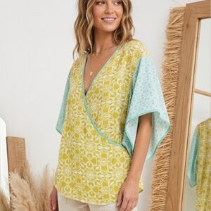 NWOT Lovestitch Boho Wrap Blouse Mixed Geometric Print Kimono Top Size M